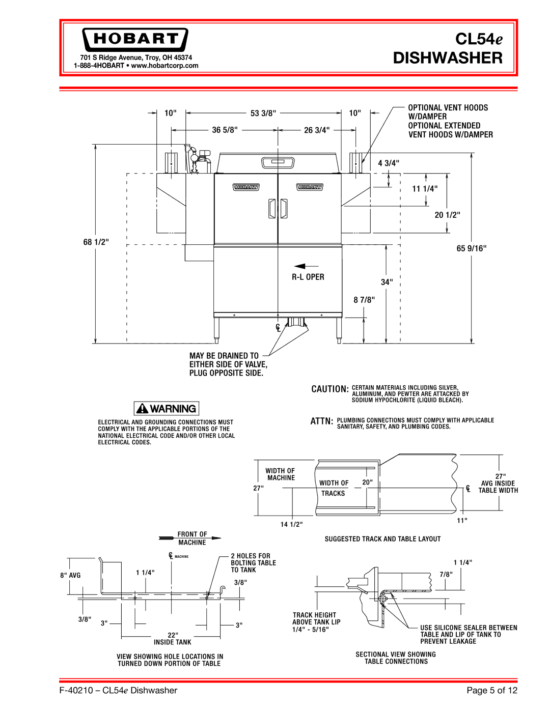 Hobart CL54E dimensions Dishwasher 