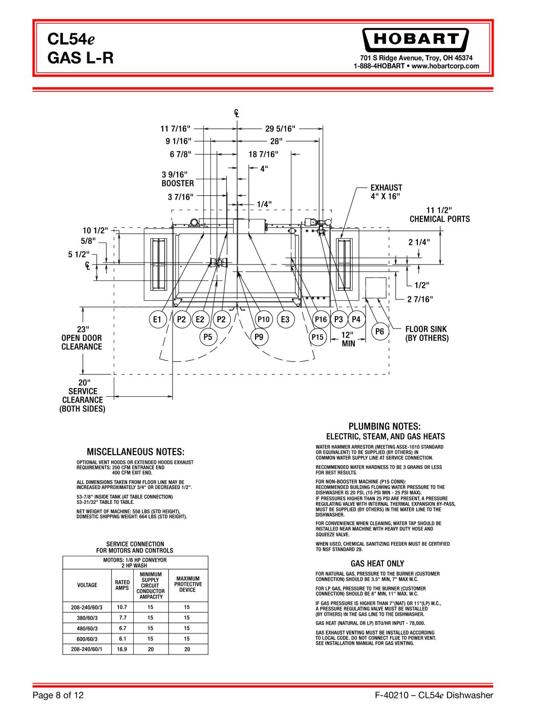 Hobart CL54E dimensions Gas L-R 