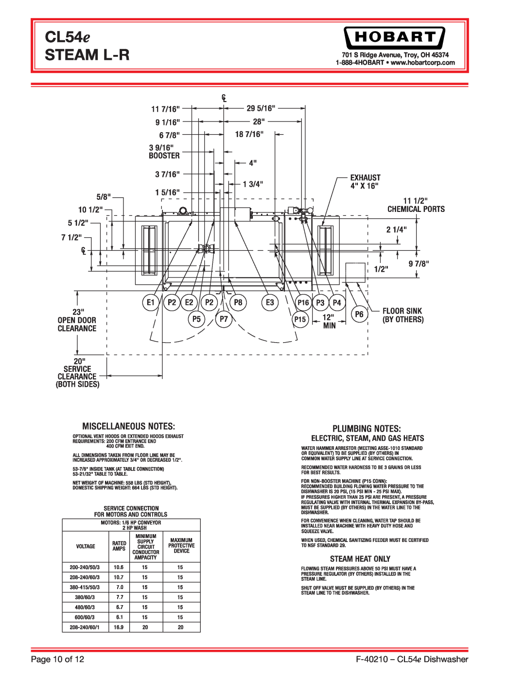 Hobart CL54E dimensions CL54e STEAM L-R, Page 10 of, F-40210- CL54e Dishwasher, S Ridge Avenue, Troy, OH 