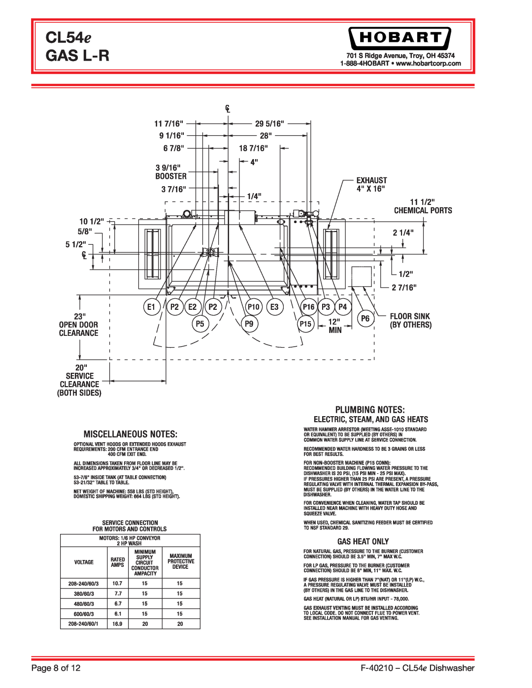 Hobart CL54E dimensions CL54e GAS L-R, Page 8 of, F-40210- CL54e Dishwasher, S Ridge Avenue, Troy, OH 