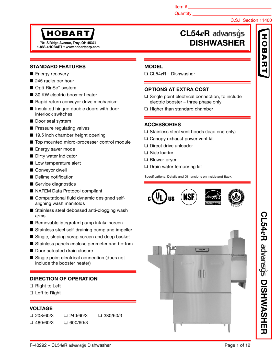 Hobart CL54ER dimensions Dishwasher, Standard Features 