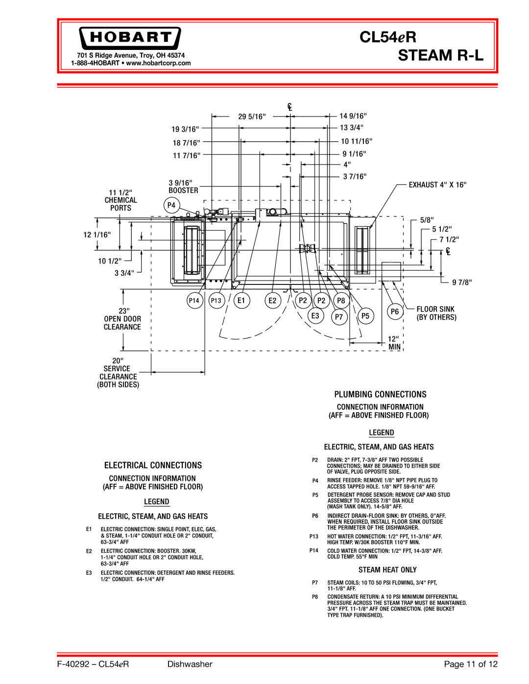 Hobart CL54ER dimensions Steam R-L 