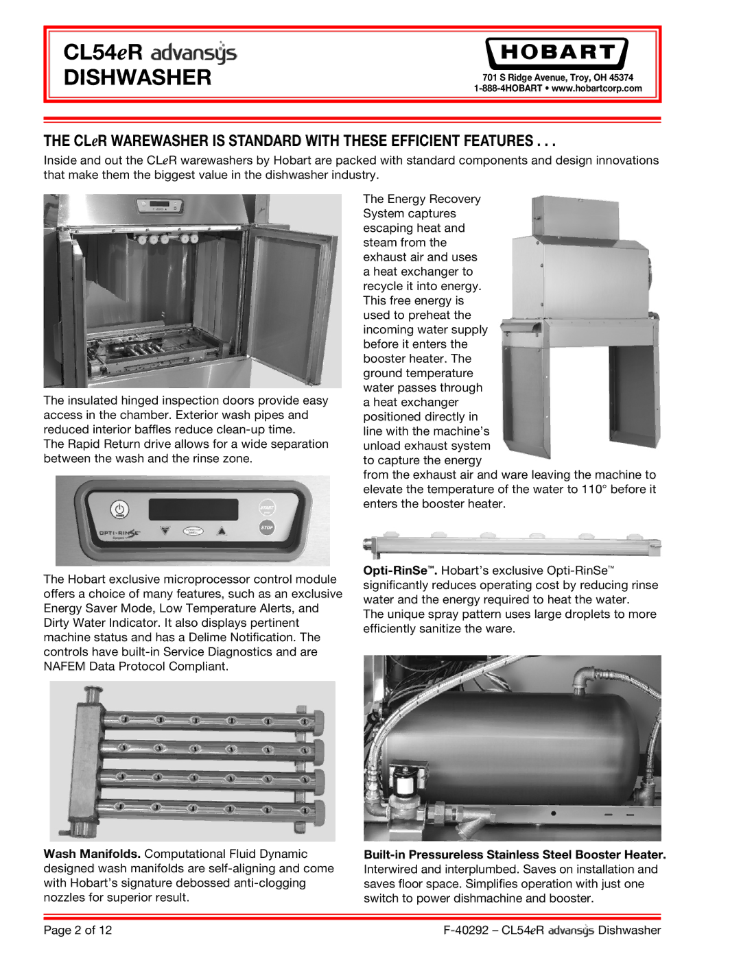 Hobart CL54ER dimensions CLeR Warewasher is Standard with These Efficient Features 