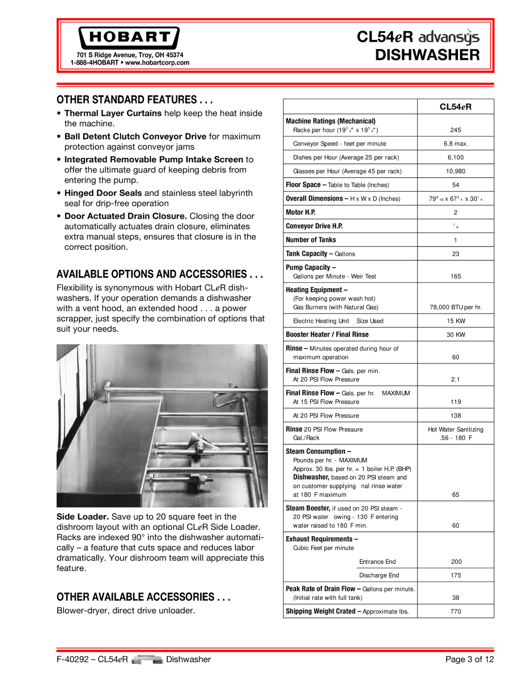 Hobart CL54ER dimensions Other Standard Features 