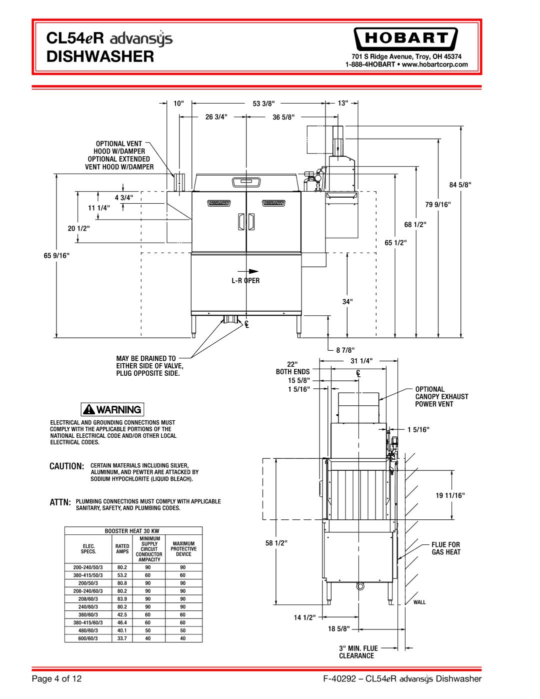 Hobart CL54ER dimensions Dishwasher 