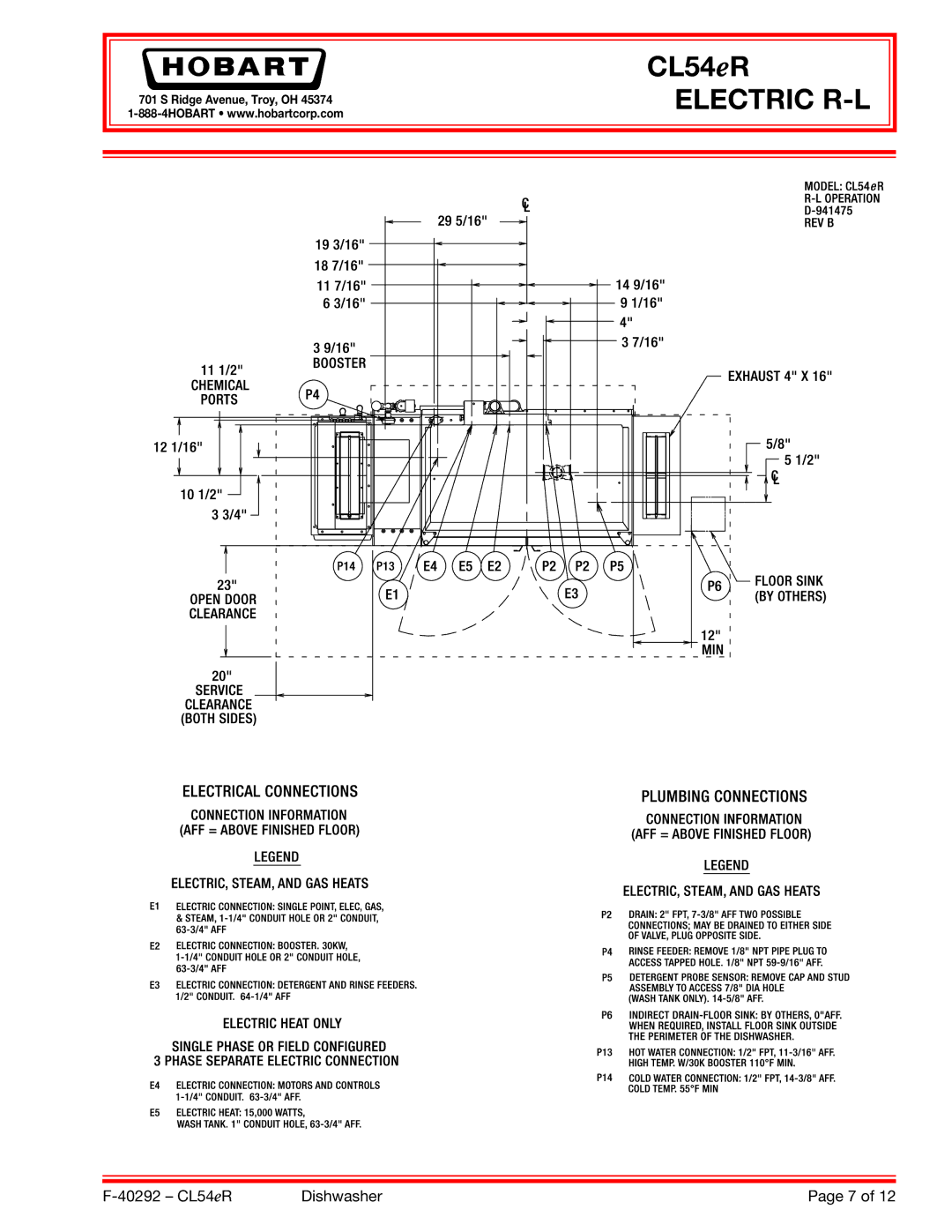 Hobart CL54ER dimensions Electric R-L 