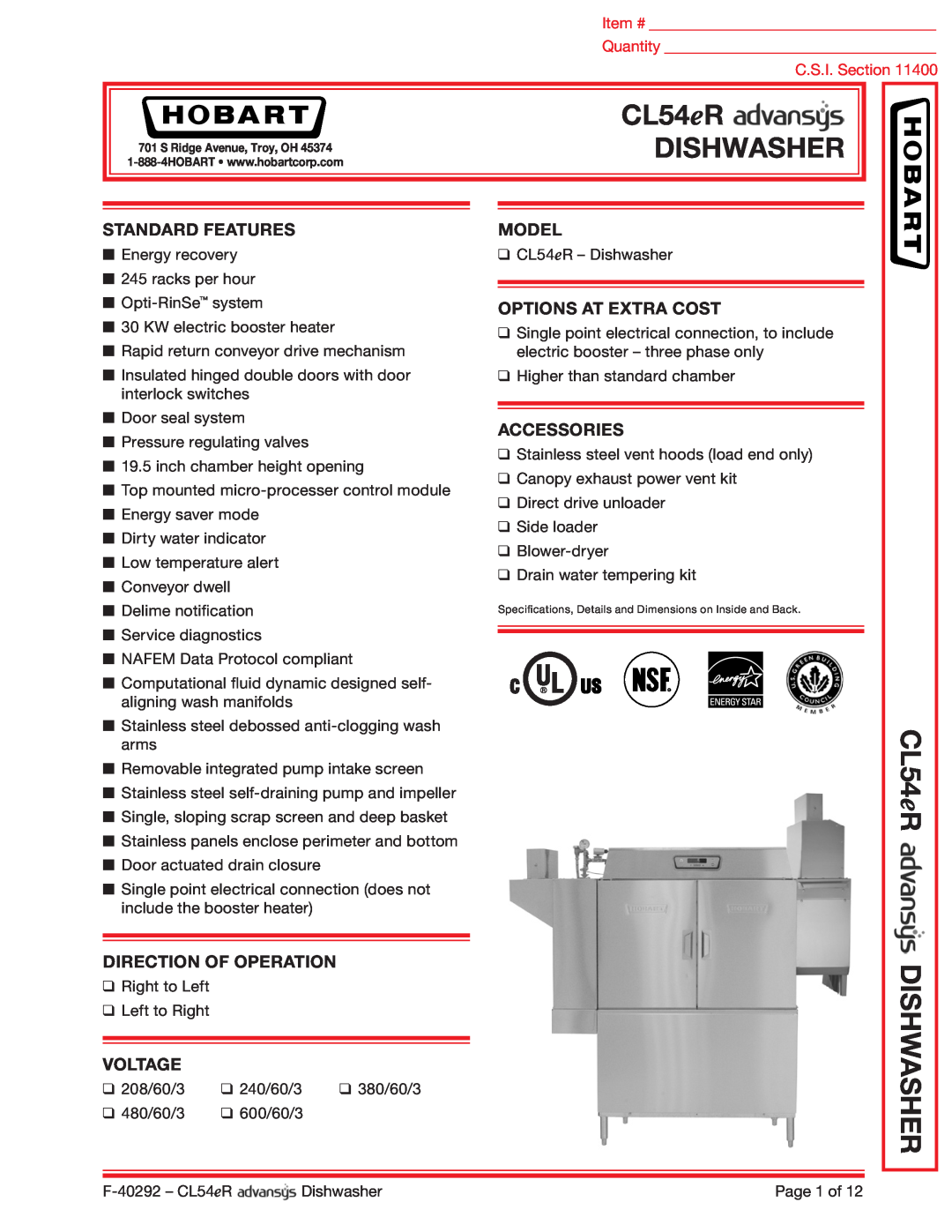Hobart CL54ER dimensions Dishwasher, CL54eR DISHWASHER, Standard Features, Direction Of Operation, Voltage, Model 