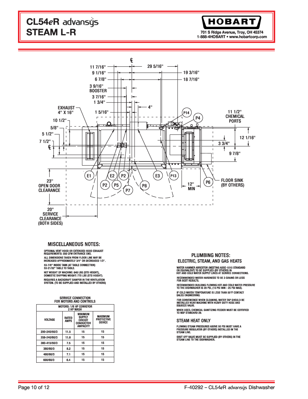 Hobart CL54ER dimensions CL54eR STEAM L-R, Page 10 of, F-40292- CL54eR, Dishwasher 