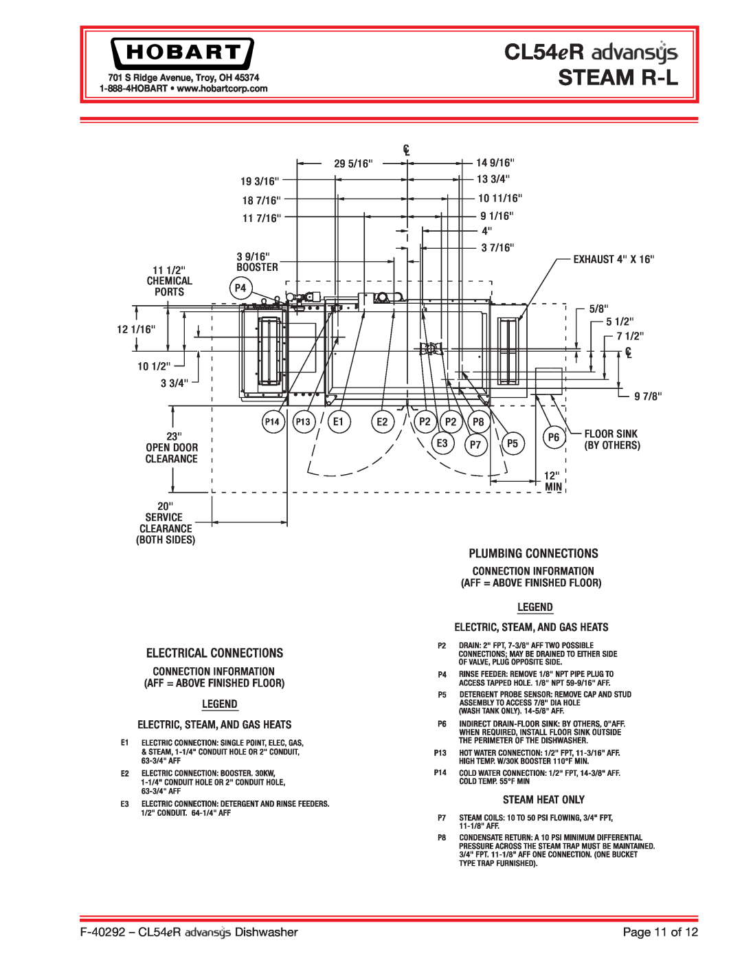 Hobart CL54ER dimensions CL54eR STEAM R-L, F-40292- CL54eR, Dishwasher, Page 11 of 