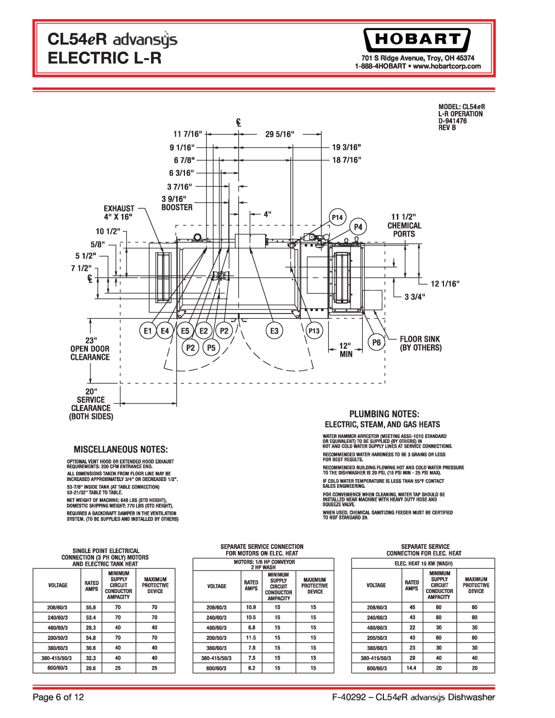 Hobart CL54ER dimensions CL54eR ELECTRIC L-R, Page 6 of, F-40292- CL54eR, Dishwasher, S Ridge Avenue, Troy, OH 