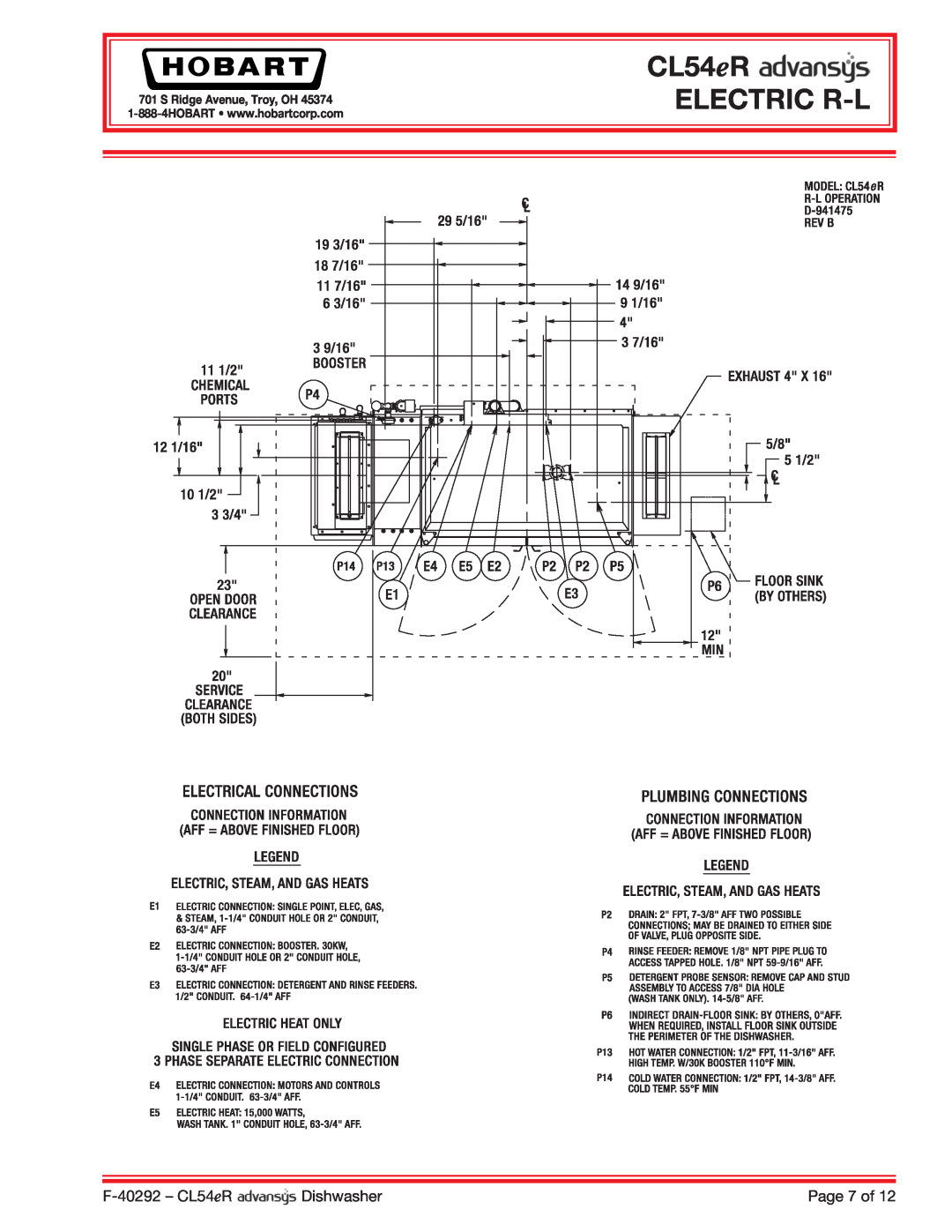 Hobart CL54ER dimensions CL54eR ELECTRIC R-L, F-40292- CL54eR, Dishwasher, Page 7 of, S Ridge Avenue, Troy, OH 