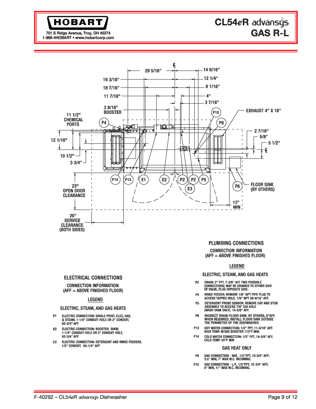 Hobart CL54ER dimensions CL54eR GAS R-L, F-40292- CL54eR, Dishwasher, Page 9 of, S Ridge Avenue, Troy, OH 