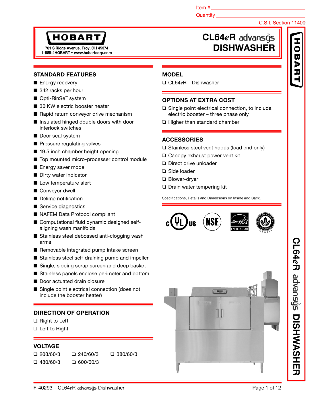 Hobart CL64ER dimensions Dishwasher 