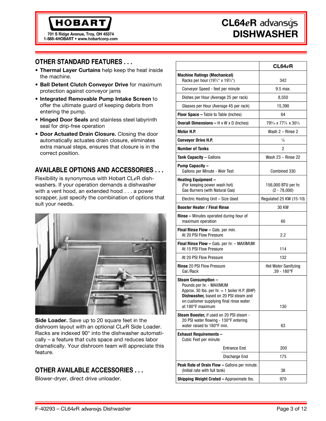 Hobart CL64ER dimensions Other Standard Features 