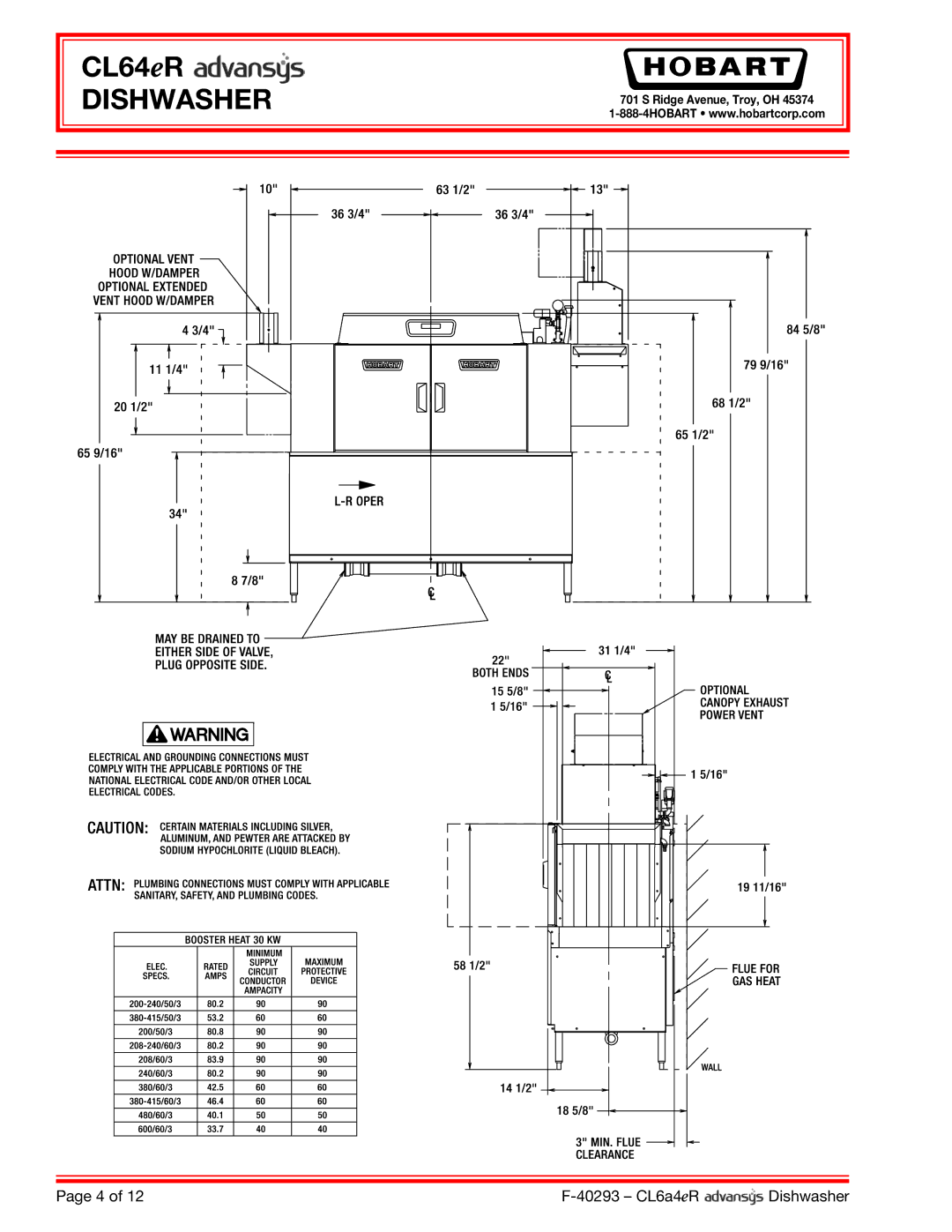 Hobart CL64ER dimensions Dishwasher 