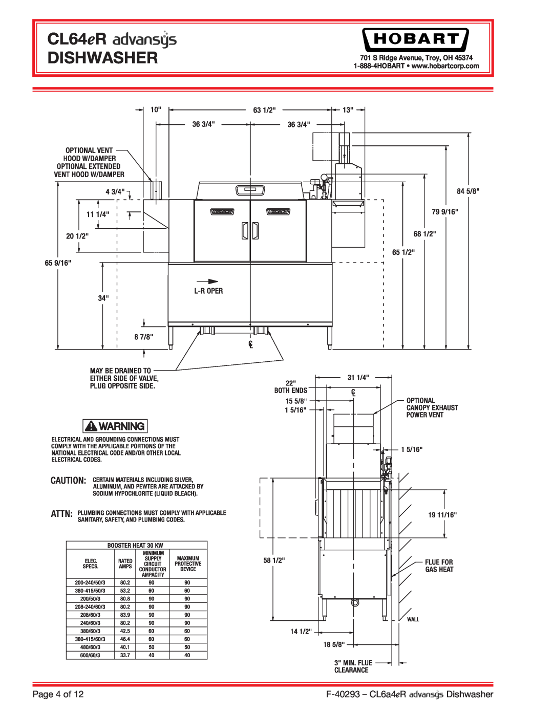 Hobart CL64ER dimensions CL64eR DISHWASHER, Page 4 of, F-40293 - CL6a4eR, Dishwasher, S Ridge Avenue, Troy, OH 