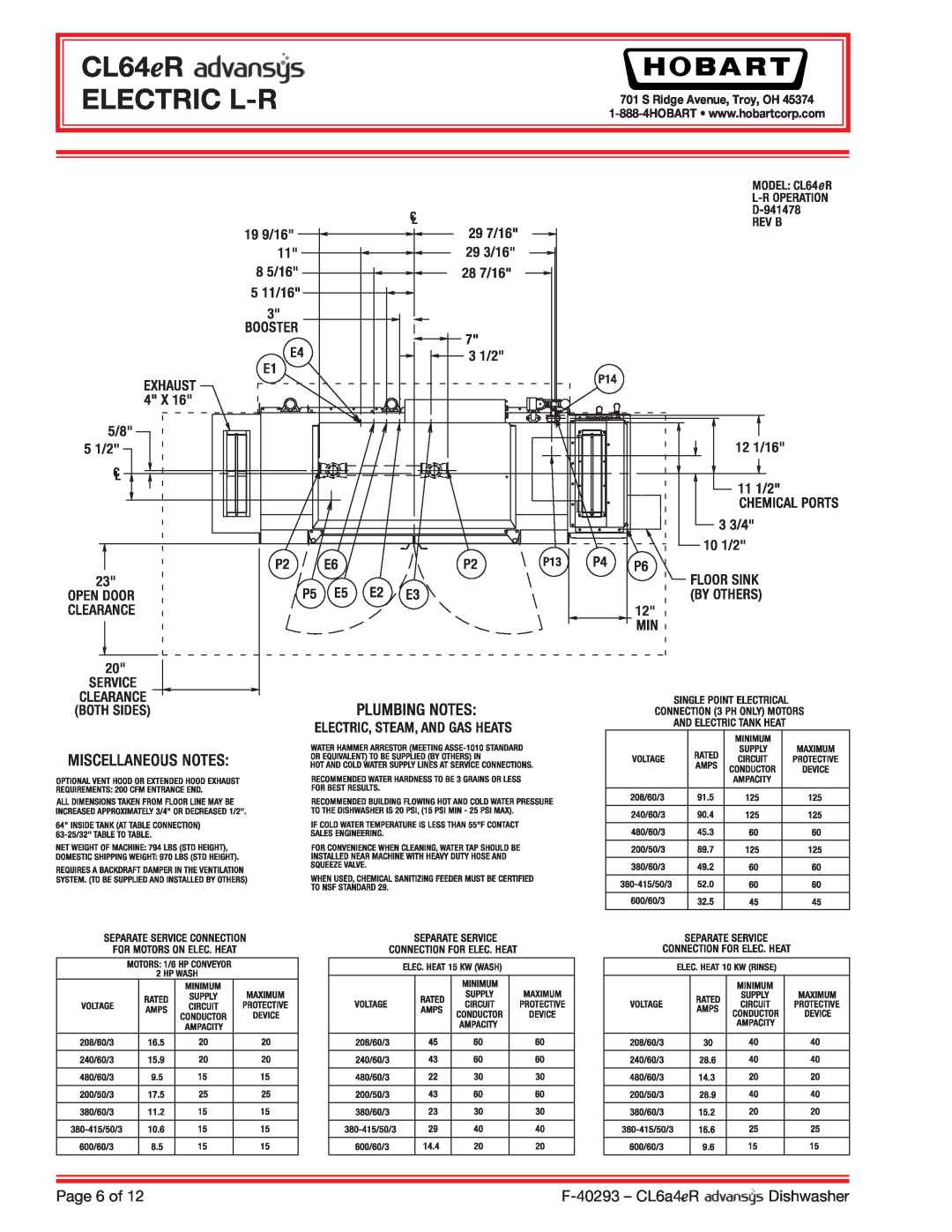 Hobart CL64ER dimensions CL64eR ELECTRIC L-R, Page 6 of, F-40293 - CL6a4eR, Dishwasher, S Ridge Avenue, Troy, OH 
