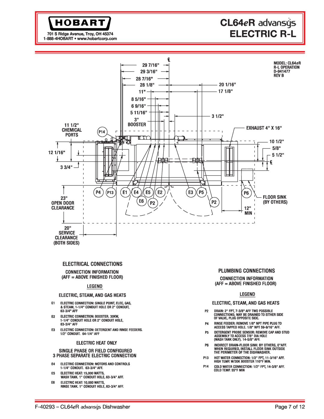 Hobart CL64ER dimensions CL64eR ELECTRIC R-L, F-40293 - CL64eR, Dishwasher, Page 7 of, S Ridge Avenue, Troy, OH 