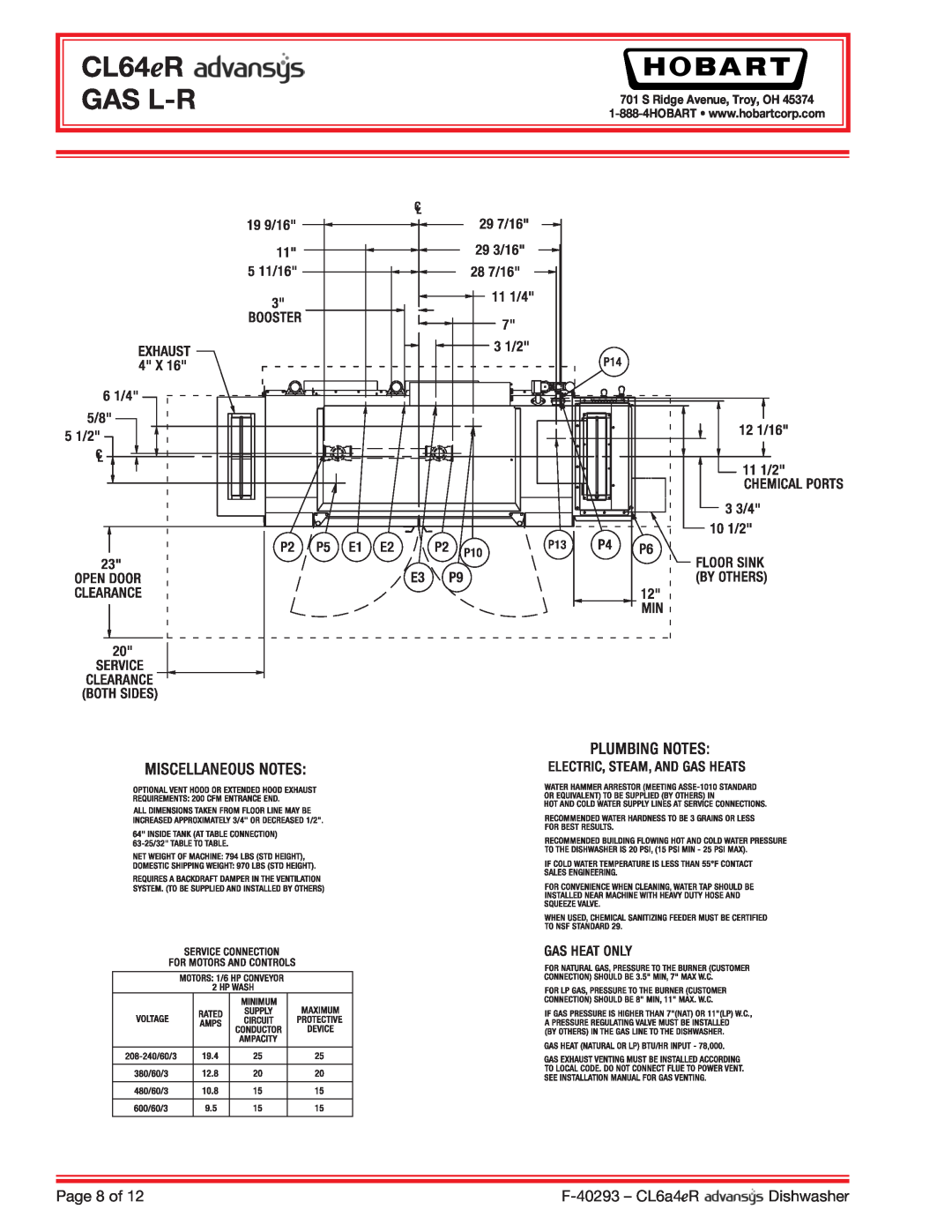 Hobart CL64ER dimensions CL64eR GAS L-R, Page 8 of, F-40293 - CL6a4eR, Dishwasher, S Ridge Avenue, Troy, OH 