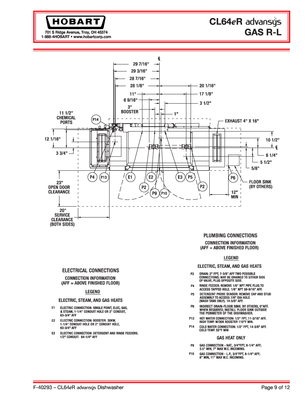Hobart CL64ER dimensions CL64eR GAS R-L, F-40293 - CL64eR, Dishwasher, Page 9 of, S Ridge Avenue, Troy, OH 