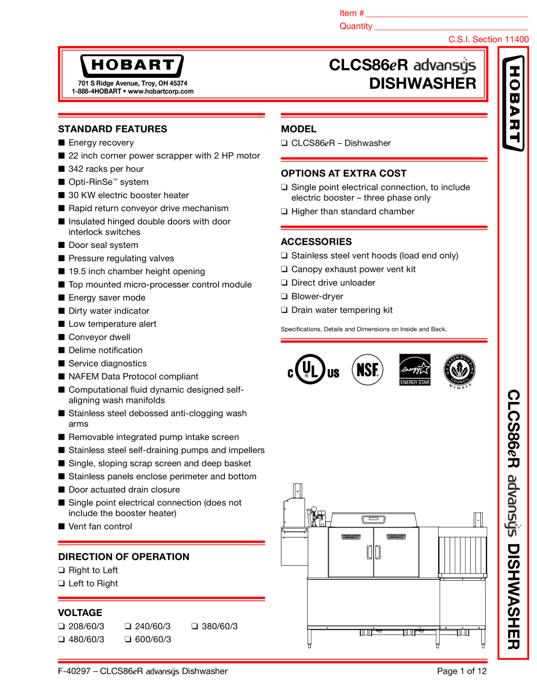 Hobart CLCS86ER dimensions Dishwasher 