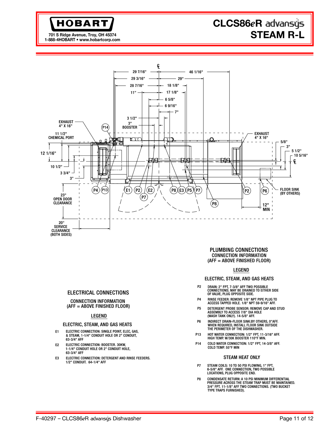 Hobart CLCS86ER dimensions Steam R-L 