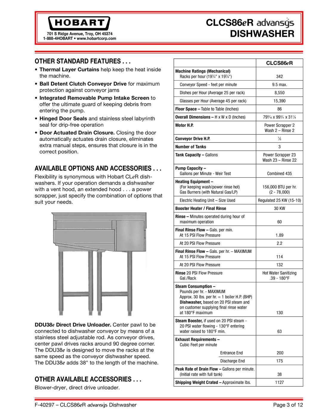 Hobart CLCS86ER dimensions Other Standard Features 