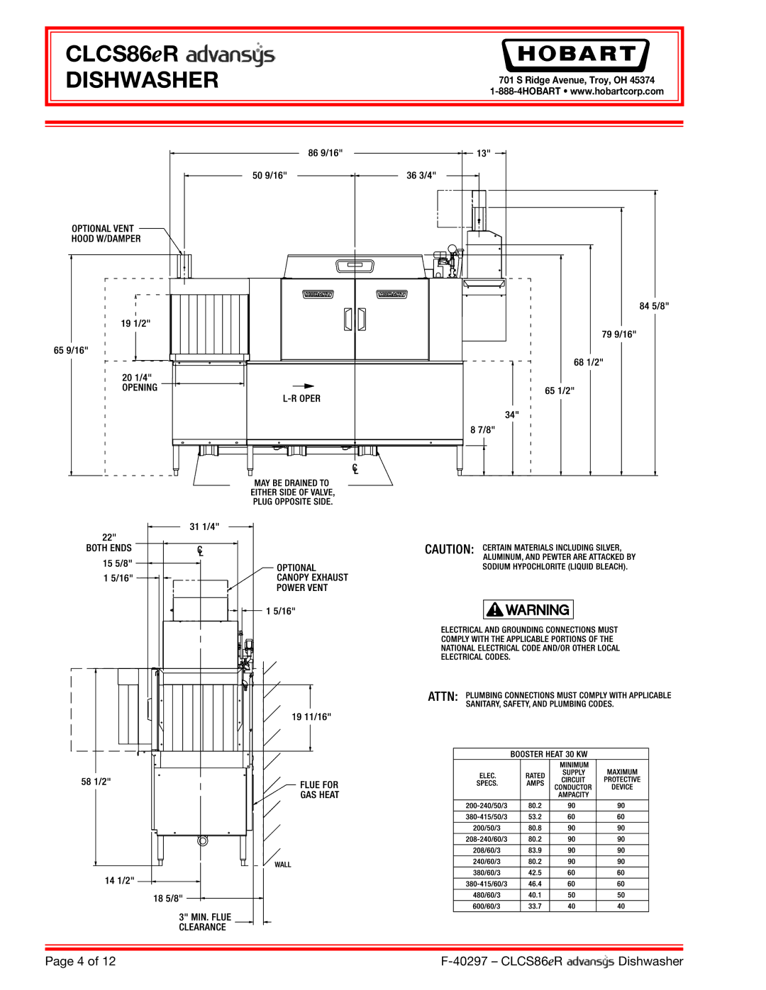 Hobart CLCS86ER dimensions Dishwasher 