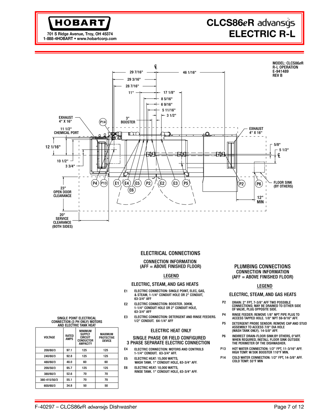 Hobart CLCS86ER dimensions Electric R-L 