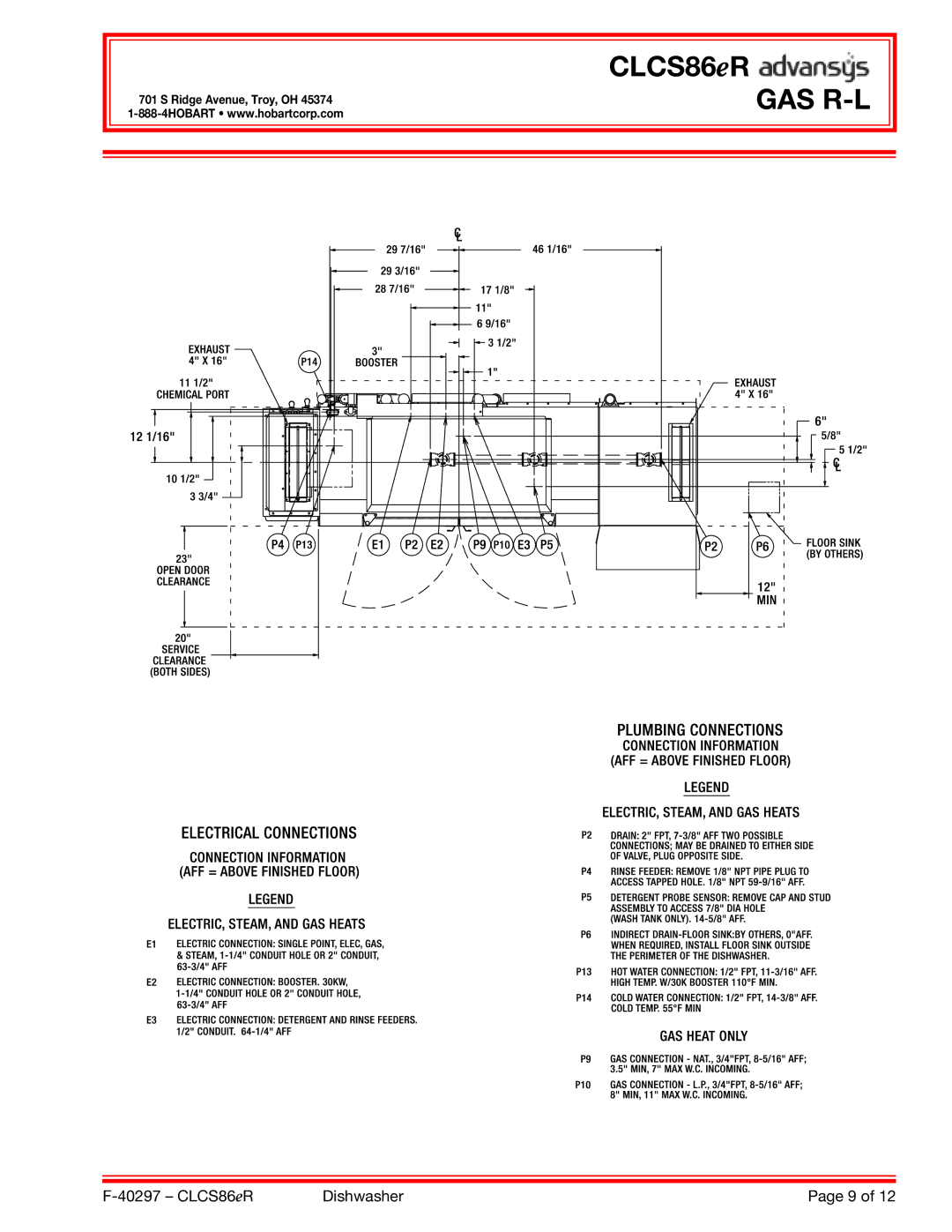 Hobart CLCS86ER dimensions Gas R-L 