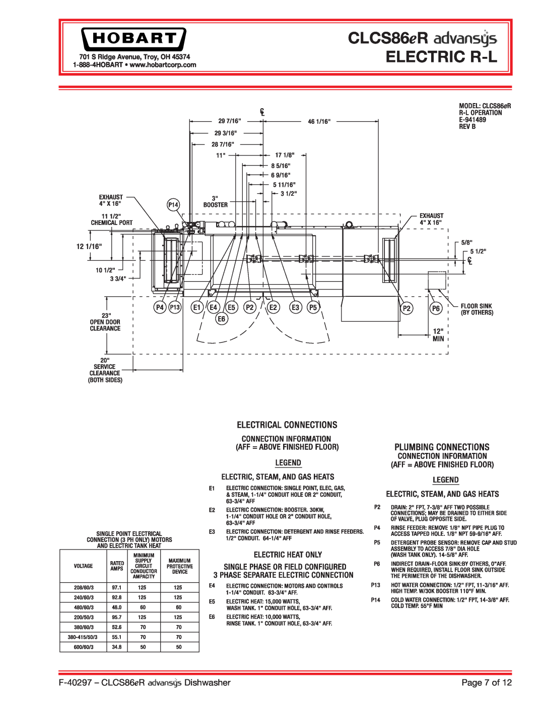 Hobart CLCS86ER dimensions CLCS86eR ELECTRIC R-L, F-40297- CLCS86eR, Dishwasher, Page 7 of, S Ridge Avenue, Troy, OH 