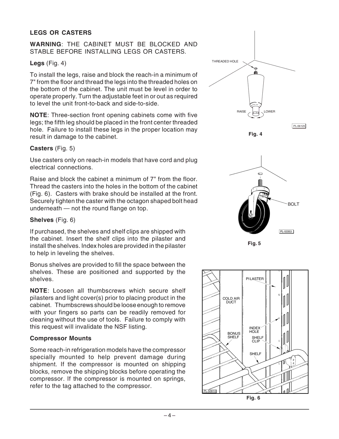 Hobart D Series manual Legs or Casters, Casters Fig, Shelves Fig, Compressor Mounts 