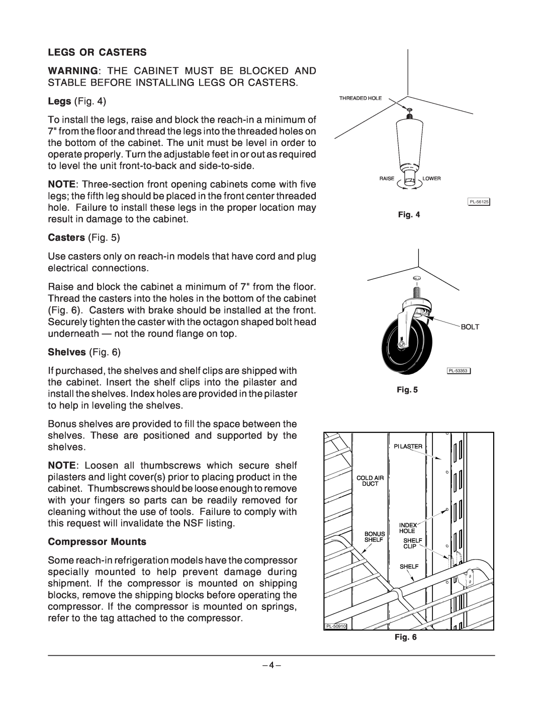 Hobart D Series manual Legs Or Casters, Casters Fig, Shelves Fig, Compressor Mounts 