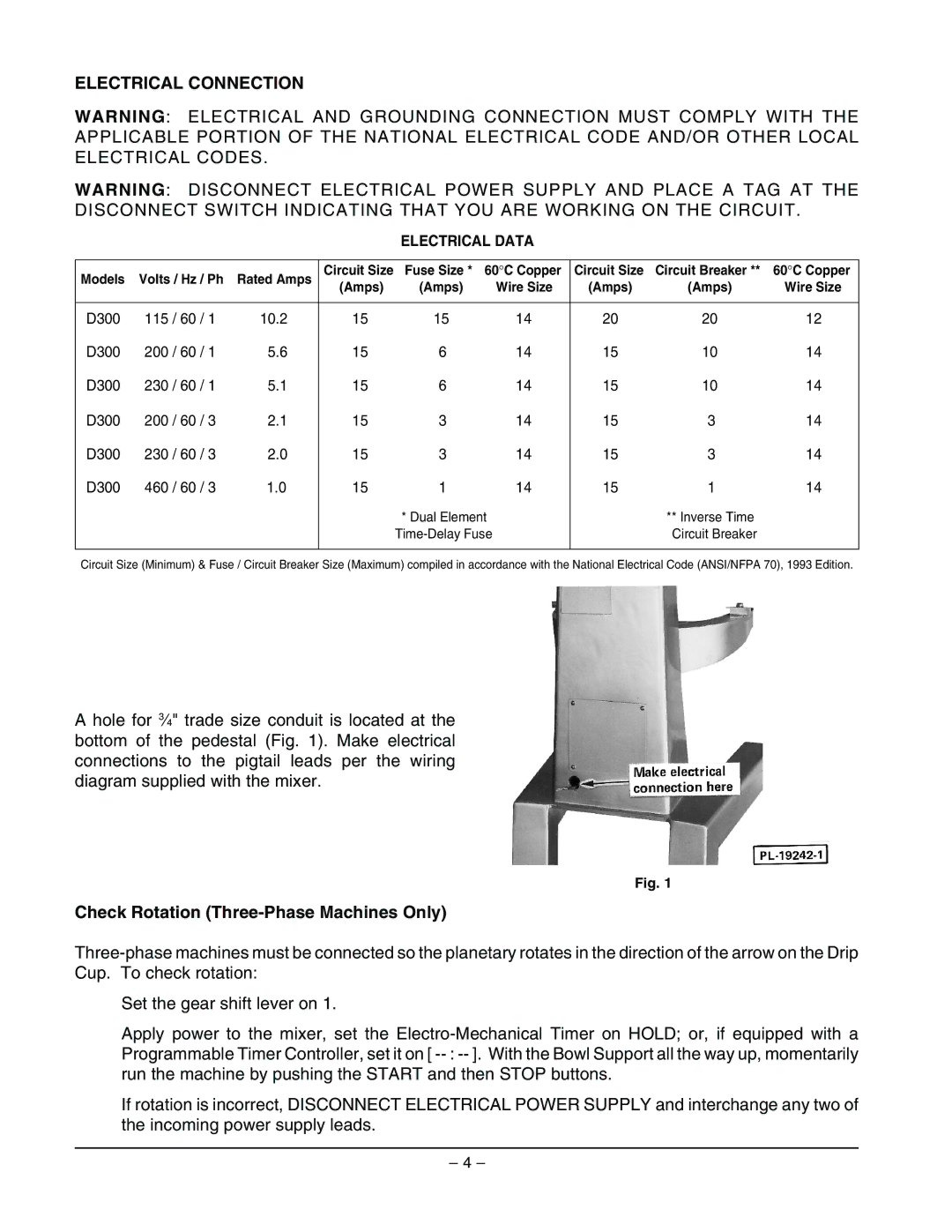 Hobart D300 manual Electrical Connection, Check Rotation Three-Phase Machines Only 