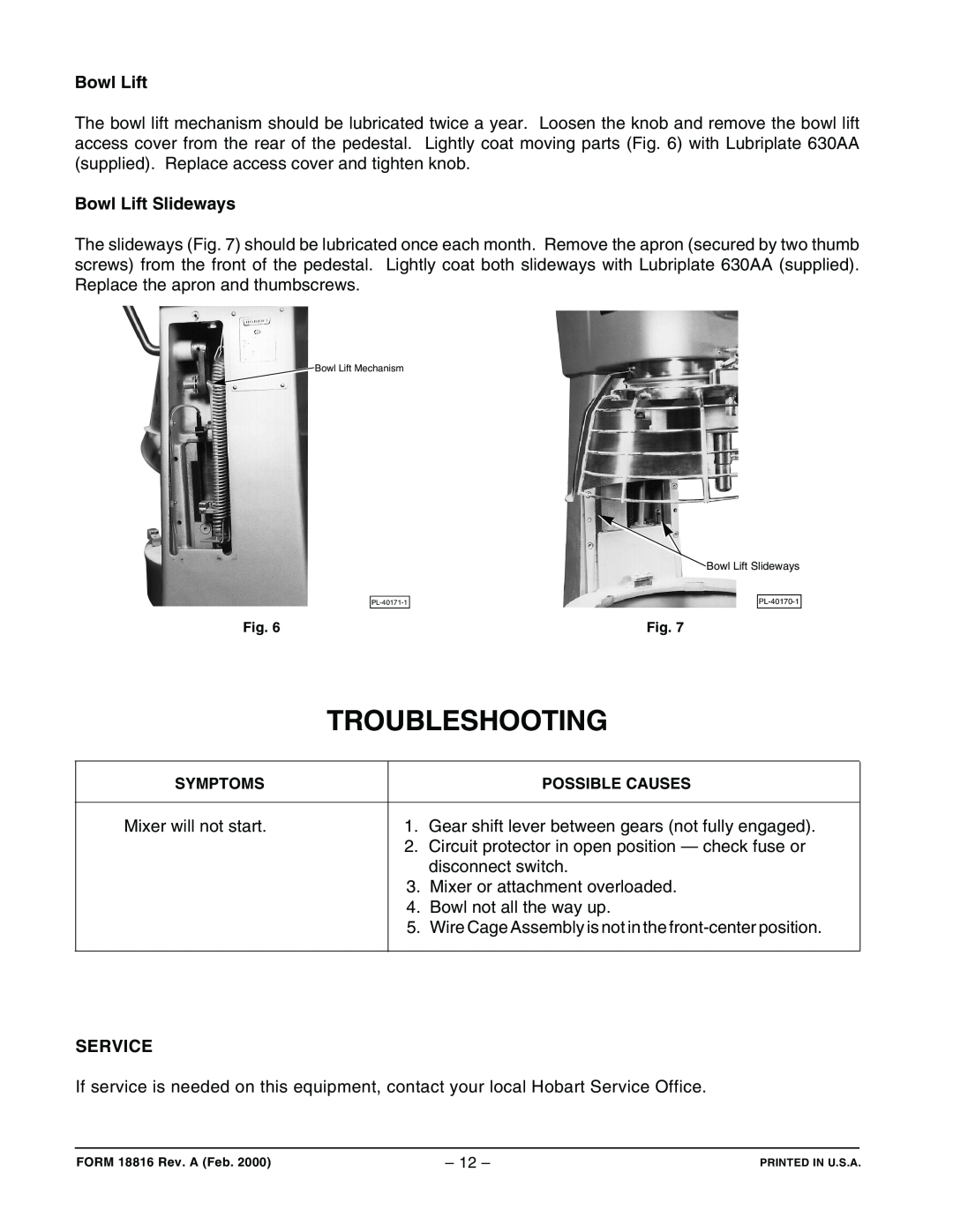 Hobart D300 manual Troubleshooting, Bowl Lift Slideways, Service 