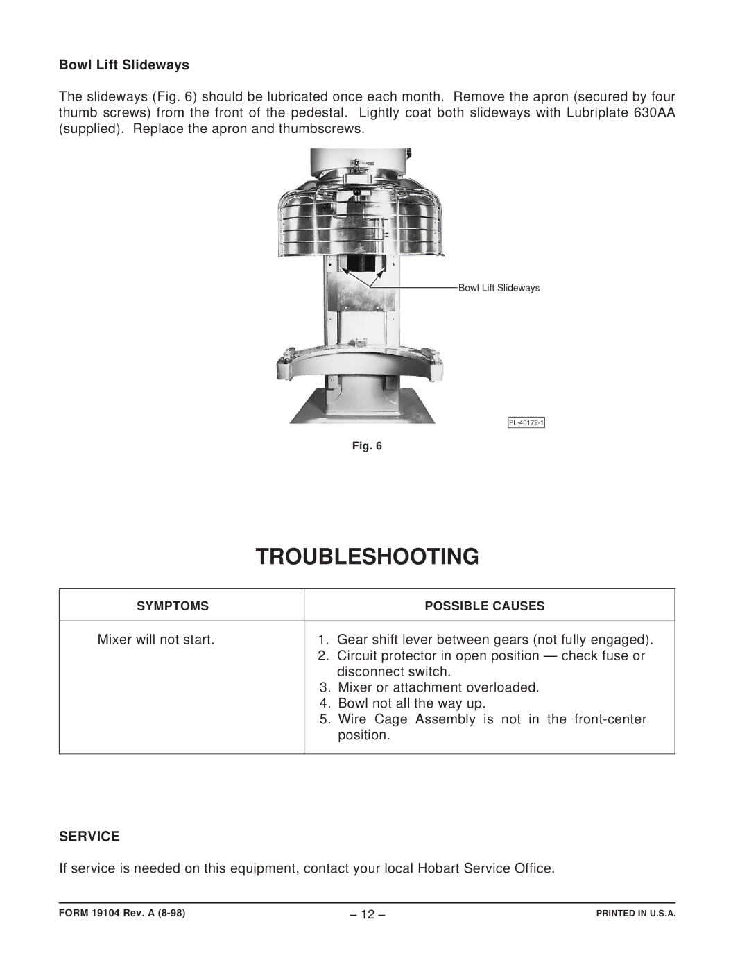 Hobart D340 manual Troubleshooting, Bowl Lift Slideways, Service 