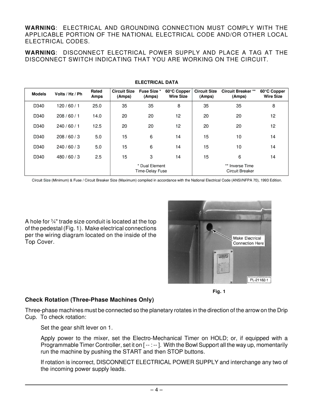 Hobart D340 manual Check Rotation Three-Phase Machines Only, Electrical Data 