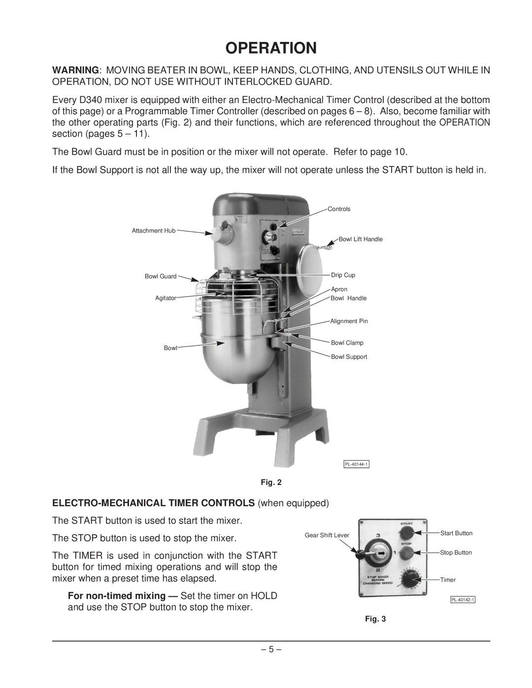 Hobart D340 manual Operation, ELECTRO-MECHANICAL Timer Controls when equipped 