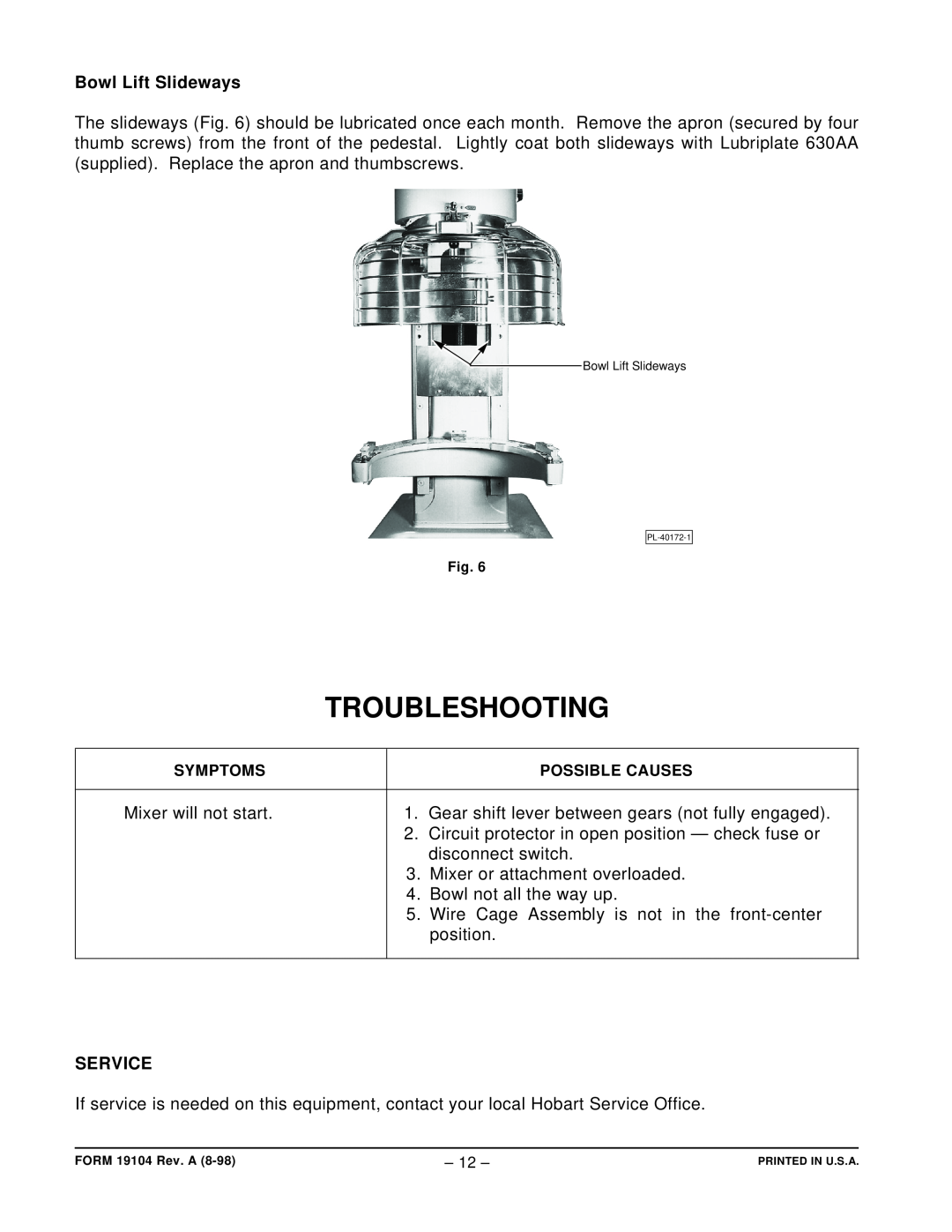 Hobart D340 manual Troubleshooting, Bowl Lift Slideways, Service 