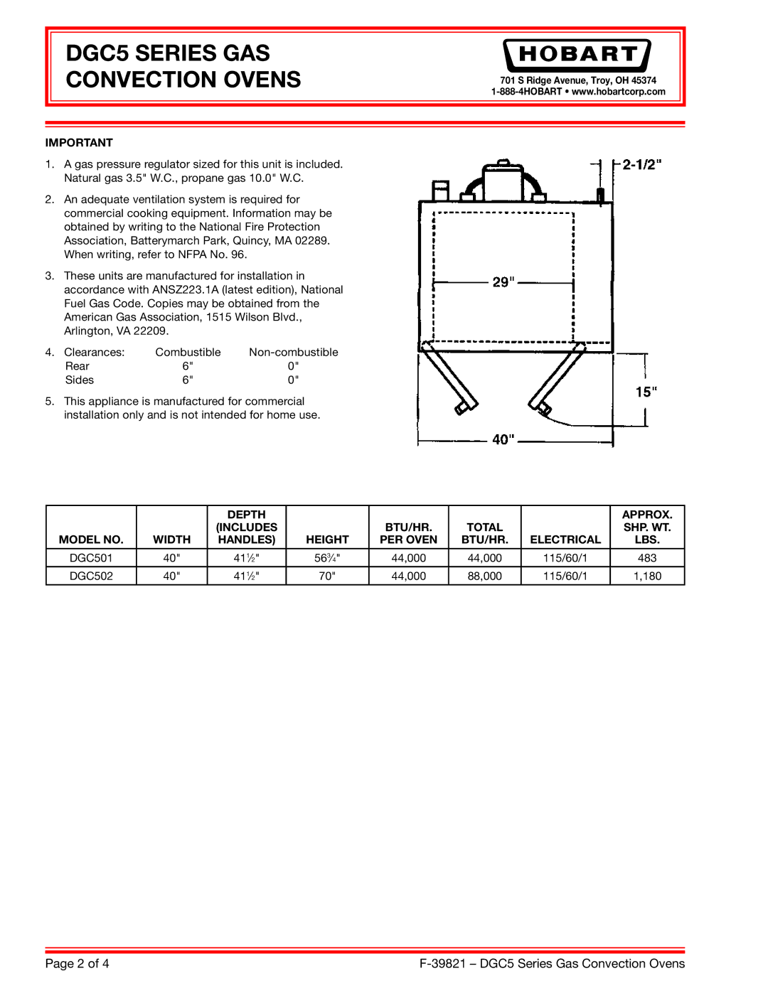 Hobart DGC501, DGC502, DGC504 specifications Depth Approx Includes BTU/HR Total 