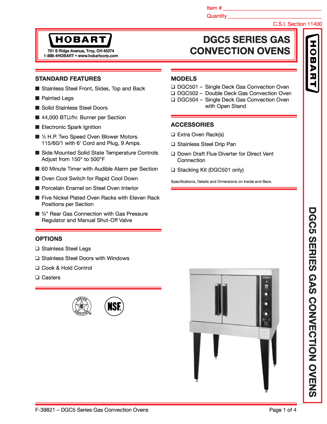 Hobart DGC504 specifications Convection Ovens, DGC5 SERIES GAS CONVECTION OVENS, Standard Features, Options, Models 