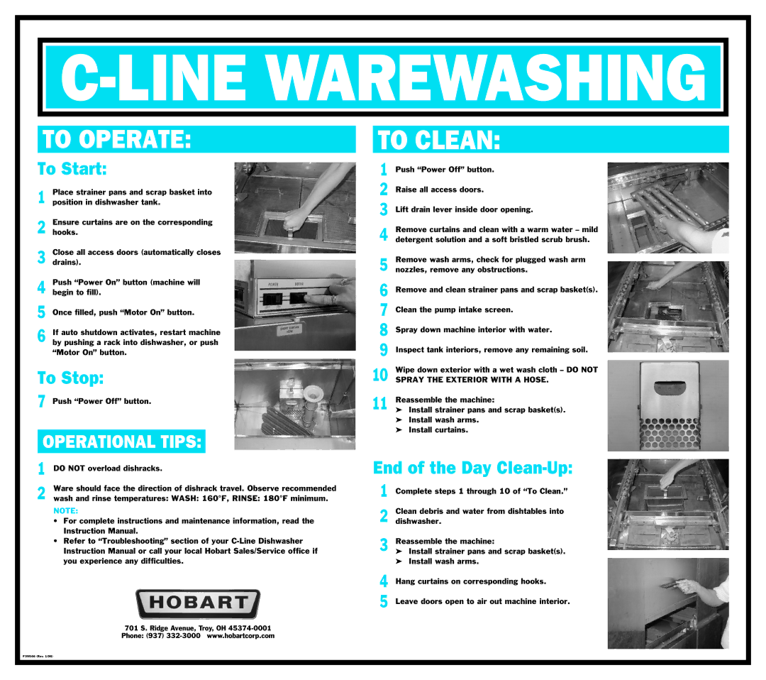 Hobart Dishwasher instruction manual Line Warewashing, To Clean, To Operate, Operational Tips 