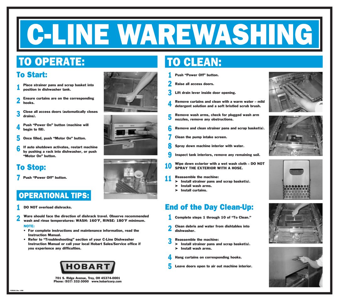 Hobart Dishwasher instruction manual C-Linewarewashing, To Clean, To Operate, To Start, To Stop, Operational Tips 