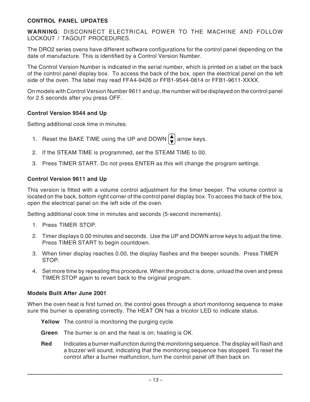 Hobart DRO2GH Control Panel Updates, Control Version 9544 and Up, Control Version 9611 and Up, Models Built After June 