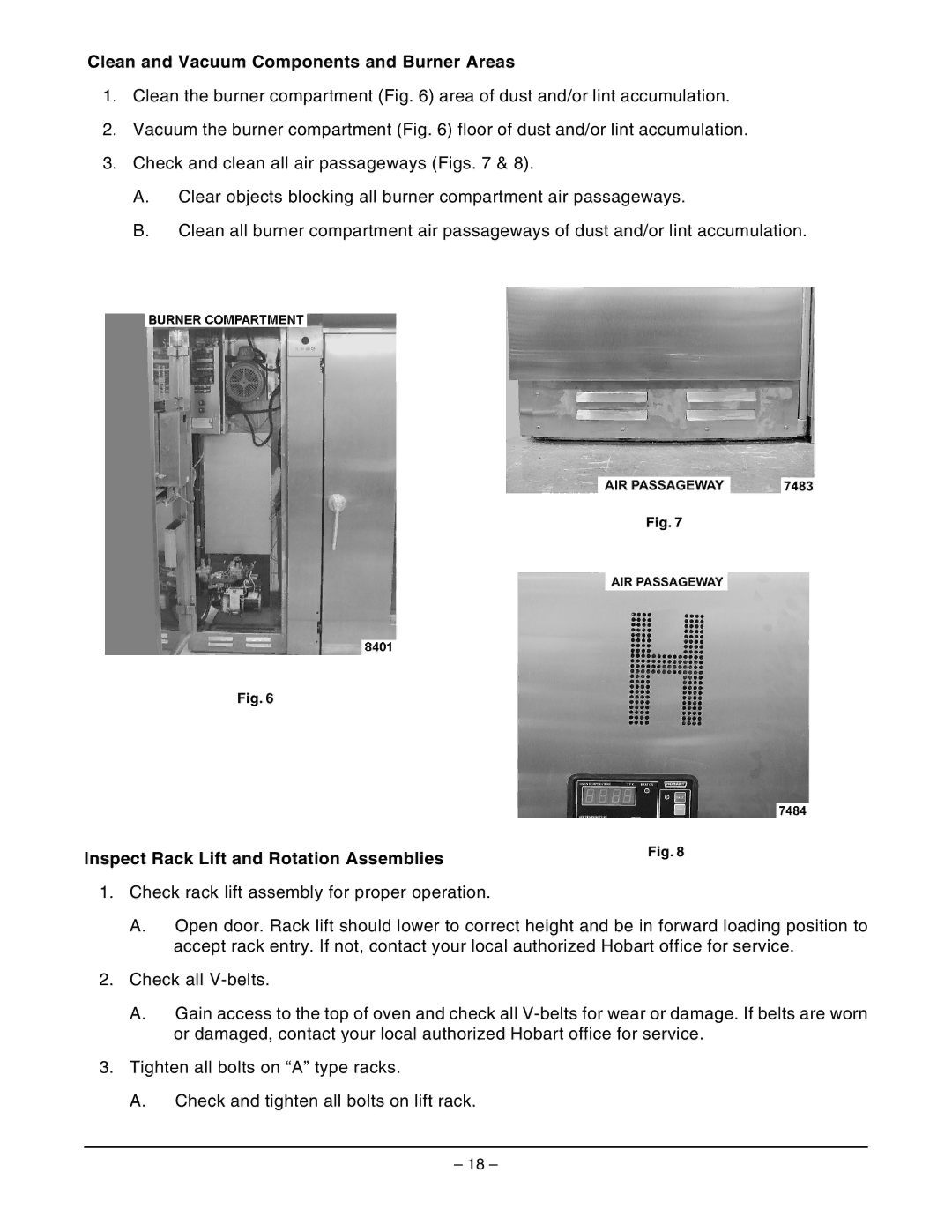 Hobart DRO2GH manual Clean and Vacuum Components and Burner Areas, Inspect Rack Lift and Rotation Assemblies 