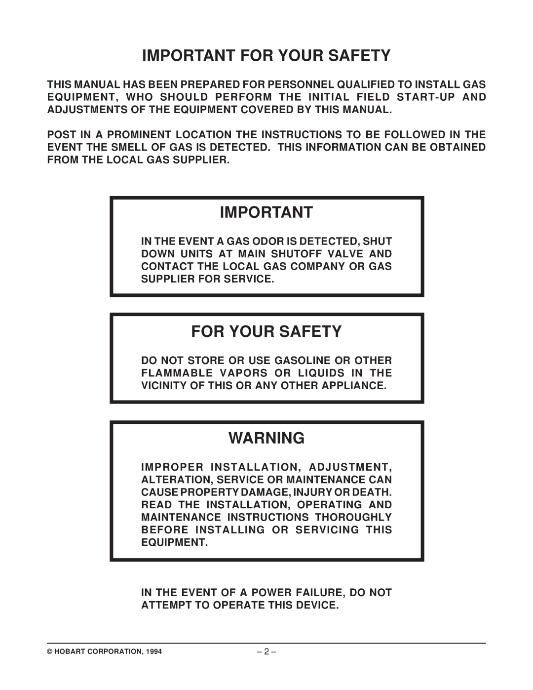 Hobart EFO40 manual Important for Your Safety, For Your Safety 