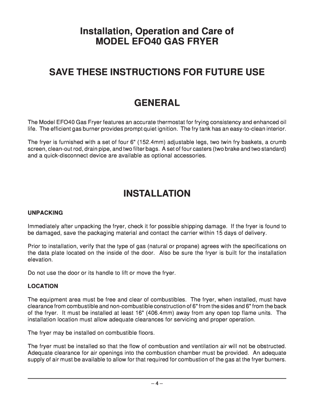 Hobart manual Installation, Operation and Care of, MODEL EFO40 GAS FRYER, Save These Instructions For Future Use General 