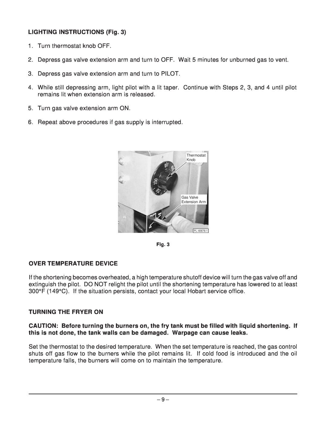 Hobart EFO40 manual LIGHTING INSTRUCTIONS Fig, Over Temperature Device, Turning The Fryer On 