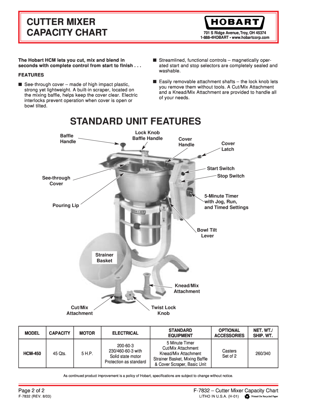 Hobart manual Page 2 of, Standard Unit Features, F-7832 - Cutter Mixer Capacity Chart 