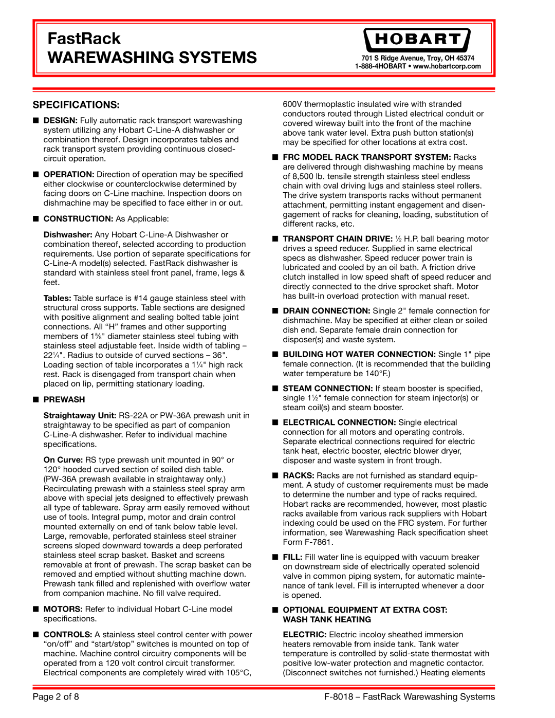 Hobart F-8018 Specifications, Construction As Applicable, Prewash, Optional Equipment AT Extra Cost Wash Tank Heating 